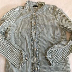 JCrew size 8 green striped, ruffled, button down shirt